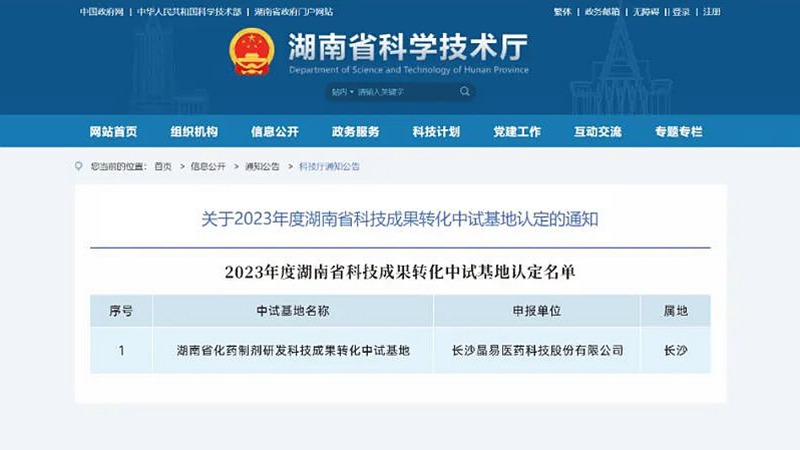 晶易醫藥獲“湖南省科技成果轉化中試基地”認定！